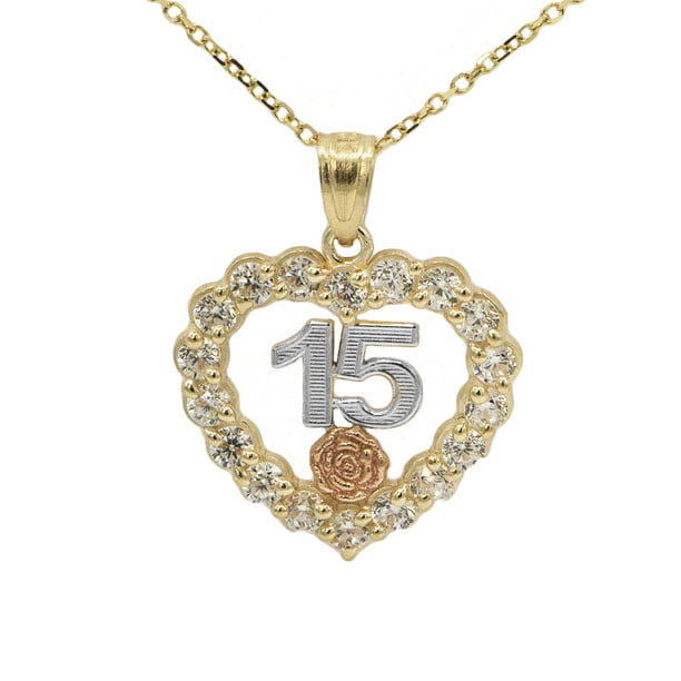 14K Two Tone Gold 15 Anos Quinceanera Pendant Necklace